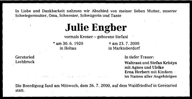 Stefani Julie 1920-2000 Todesanzeige